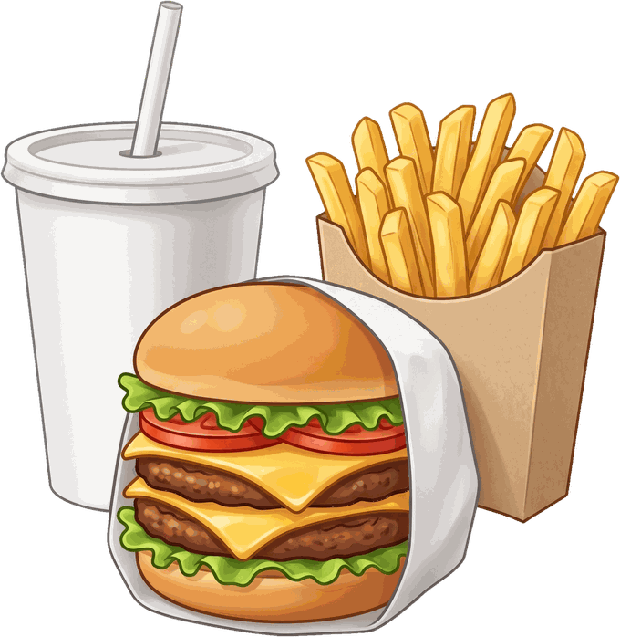 A burger, a carton of fries and a soft drink